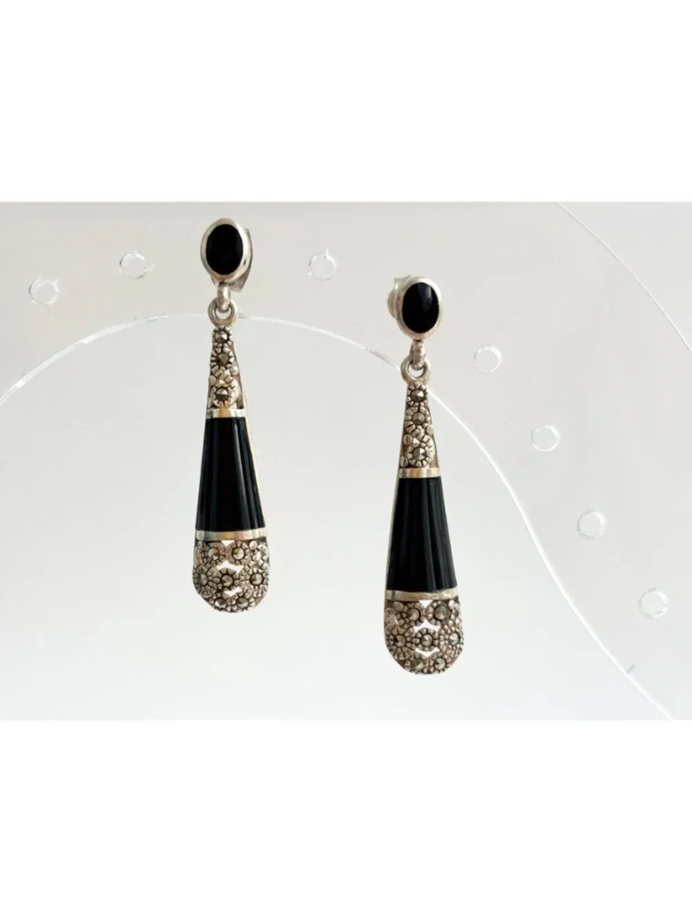 Art Deco Black Onyx & marcasite Teardrop Vintage Sterling Silver 925 Earrings